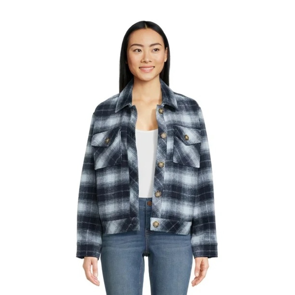 NEW Time and Tru Button Down Plaid Shacket BLUE XL